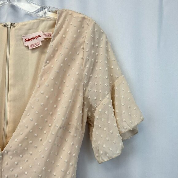 Showpo Womens Dress Blush Swiss Dot Short V Neck Layered Ruffle Cottagecore 6 - Picture 5 of 10